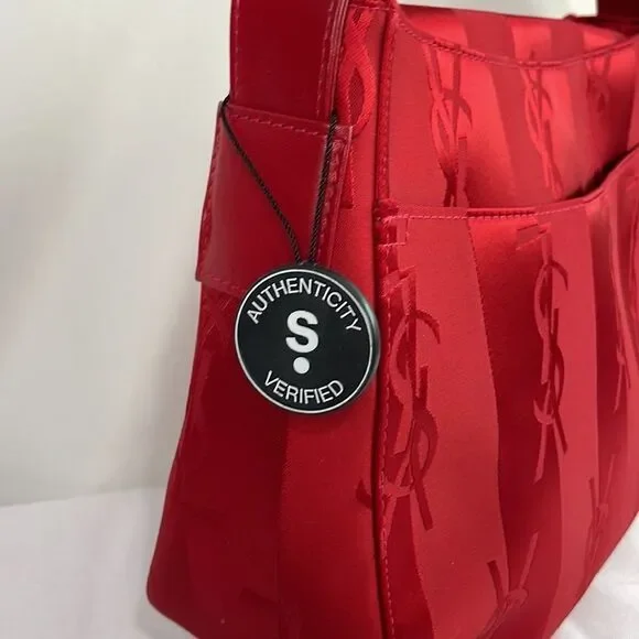 Yves St Laurent Vintage Red Satin Logo Bag - Picture 4 of 10